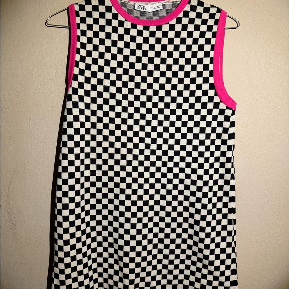 Zara Black and White Checkered Top with Pink Accent